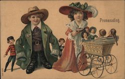 Children Promenading With Dolls Postcard Postcard Postcard