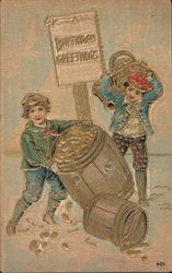 Children Knock Over Barrel of Potatoes, Birthday Greetings Postcard