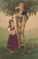 Boy and girl picking money off tree Postcard