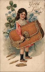 Good Luck, Little Girl Holds Large Purse Dropping Large Coins Children Postcard Postcard Postcard