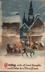 Merry Xmas - horse pulling people in sleigh, through a village Postcard