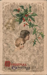 Christmas Greetings - Two Little Angels, Holly, and a Silver Bell Postcard Postcard Postcard