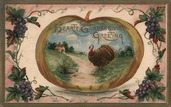 HEARTY THANKSGIVING GREETING - TURKEY SCENE IN A PUMPKIN Postcard