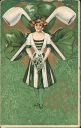 St Patrick's Day Greetings - woman in green, with crossed pipes and shamrock behind her St. Patrick's Day Postcard Postcard Postcard