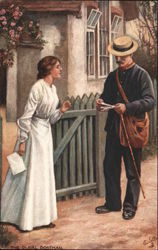 Woman Meeting Postman Postcard