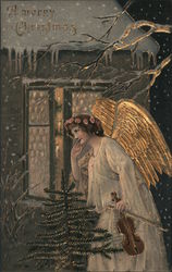 Angel Listening at Window of Home: A Merry Christmas Angels Postcard Postcard Postcard