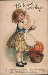 Hallowe'en Greetings Girl Peeling Apples Halloween Ellen Clapsaddle Postcard Postcard Postcard