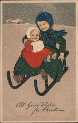 All Good Wishes for Christmas - Children sledding in snow Postcard