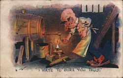 Man Boring Hole in Vinegar Cask Comic, Funny Postcard Postcard Postcard