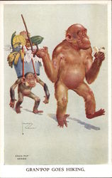 Illustrated elderly gorilla on a stroll with young gorilla in tow with burden. GRAN'POP GOES HIKING Apes Lawson Wood Postcard Po Postcard