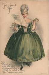 Young Woman in Green Dress and Fan St. Patrick's Day Ellen Clapsaddle Postcard Postcard Postcard