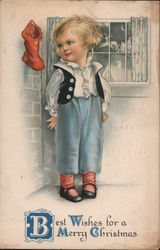 BEST WISHES FOR A MERRY CHRISTMAS - CHILD LOOKING AT STOCKING Children Ellen Clapsaddle Postcard Postcard Postcard