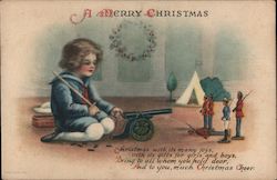 Christmas illustration of a small boy child playing with a 1900s military toy set w/ cannon & sword Toys Postcard Postcard Postcard