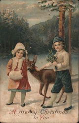 A Merry Christmas to You - Children, Mistletoe and Doe in Winter Forest Postcard Postcard Postcard