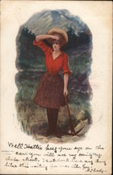 A Female Miner with Pickaxe Shields Her Eyes to Look into the Distance Postcard