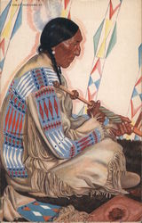 Sideview illustration of Blackfeet Indian Chief, Sundance, seated upon floor in traditional attire Native Americana Postcard Pos Postcard