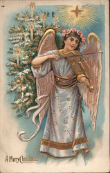 Angel Playing Violin Star Christmas Tree A Merry Christmas Angels Postcard Postcard Postcard