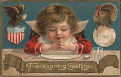 Child Praying at Table: Thanksgiving Greetings Children Postcard Postcard Postcard