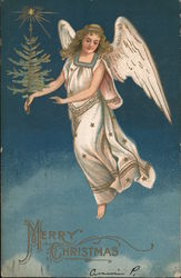 Christmas Tree Angel In Sky Merry Christmas Postcard