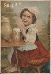 Soapine - picture of girl seated at table, mug with foam in front of her Advertising Postcard Trade Card Trade Card