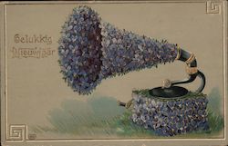 Grammophone Made of Forget Me Not Flowers: Gelukkig Nieuwjaar New Year's Postcard Postcard Postcard