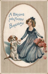 A Bright and Happy Birthday - Girl, Puppy and Flowers Postcard