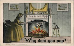 Why don't you pop? - Woman holding little man over fire like popcorn while dog watches Leap Year Postcard Postcard Postcard