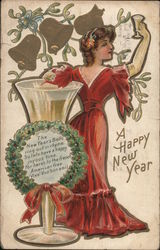 A Happy New Year - festively dressed woman holds her glass up to toast the New Year Beautiful Ladies Postcard Postcard Postcard