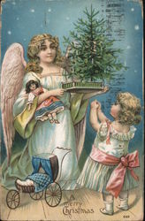 A Merry Christmas - Angel presents little girl with a small Christmas tree and a new doll Postcard