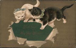 2 illustrated kittens tearing up gift wrap to find the greeting "With best New Year Wishes" beneath Cats Postcard Postcard Postcard