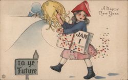 Illustrated girl schoolchild embarking on a path "To Ye Future" trailing confetti holding a Jan 1 Children Postcard Postcard Postcard