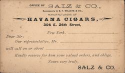 Office of Salz & Co., Successors to S.T. Willets & Co., Manufacturers of Havana Cigars Postcard