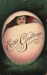 Woman Peering Out of a Giant Cracked Easter Egg Eggs Postcard Postcard Postcard