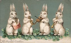 A Joyful Easter - Four White Easter Bunnies Playing Musical Instruments Postcard