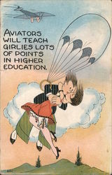 "Aviators will teach girlies lots of points in higher education." - cartoon of couple on parachute Postcard Postcard Postcard