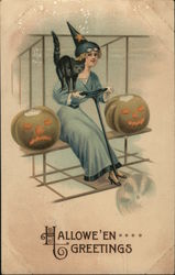 Halloween Greetings Witch in Airplane Postcard