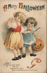 A Merry Halloween - Two Girls and Jack-o'-lantern Postcard Postcard Postcard