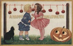 A Happy Halloween - kids trying to eat apple on a string while black cat and carved pumpkin look on Postcard