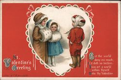 Three children standing in winter apparel inside of a Valentine heart. Postcard Postcard Postcard