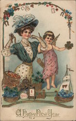 A Happy New Year- Woman with Fairy Women Postcard Postcard Postcard