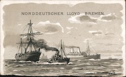 Three Ships at Sea, Norddeutscher Lloyd Bremen Postcard