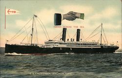 "Hands Across the Sea" - S.S. California, Anchor Line. Handshake, over a large ship in the ocean. Boats, Ships Postcard Postcard Postcard