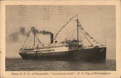 Ocean S. S. Co. of Savannah - "Savannah Line" - S. S. City of Birmingham, At Sea Postcard