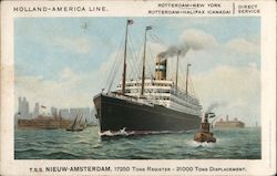 Holland-America Line, T.S.S. Nieuw-Amsterdam. Enormous ship is pictured, smaller boats close by. Postcard