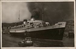 Large Steamship Rex in Port with Adjacent Tugboat Boats, Ships Postcard Postcard Postcard