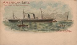 American Line - S.S. Philadelphia arriving at New York. Ship is pictured, smaller boats close by. Postcard