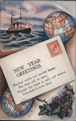 New Year Greetings Letter On Beach with Two Globes, Leafy Branch, and Ship at Sea in Background New Year's Postcard Postcard Postcard