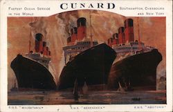 Three White and Black Cruise Ships Billowing Smoke into Red Sky Docked Near Smaller Ships Postcard Postcard Postcard