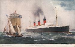 Cunard Line's RMS Berengaria at Sea Next to Sailboat and Lighthouse Cruise Ships Postcard Postcard Postcard