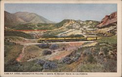 Diesel Locomotive Pulling a Santa Fe Freight Train in California Postcard